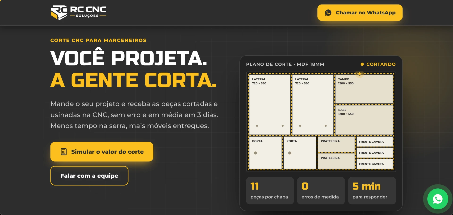 Captura da página inicial do site da RC CNC Soluções